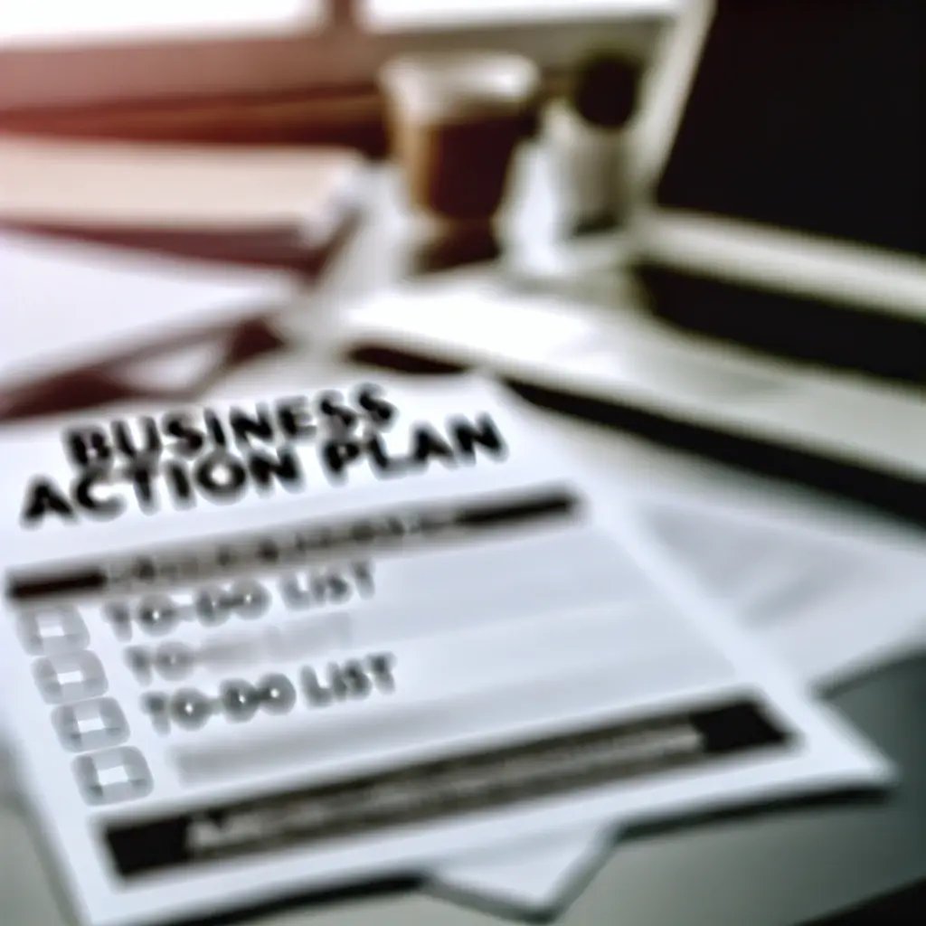 DALL·E 2024-09-04 19.43.38 - A blurred and non-readable image of a business action plan. The image shows a desk with scattered papers, a to-do list with various tasks, and a lapto